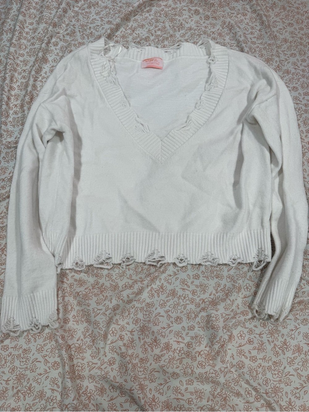 Wishful Park Cream Ruffle-Trim V-Neck Sweater